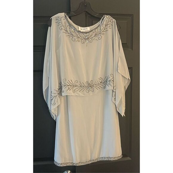 J Kara Women's Boat Neck Capelet Short Cocktail Beaded Dress - Picture 3 of 8